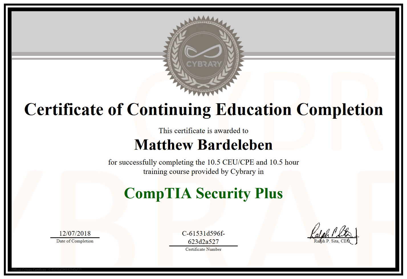 Matthew Bardeleben - CompTIA Security+ Course Certification - Cybrary.it - Matty Bv3