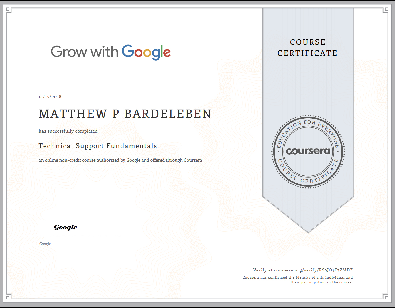 Matthew Bardeleben - Google Certification - Technical Support Fundamentals - Coursera_org - Matty Bv3