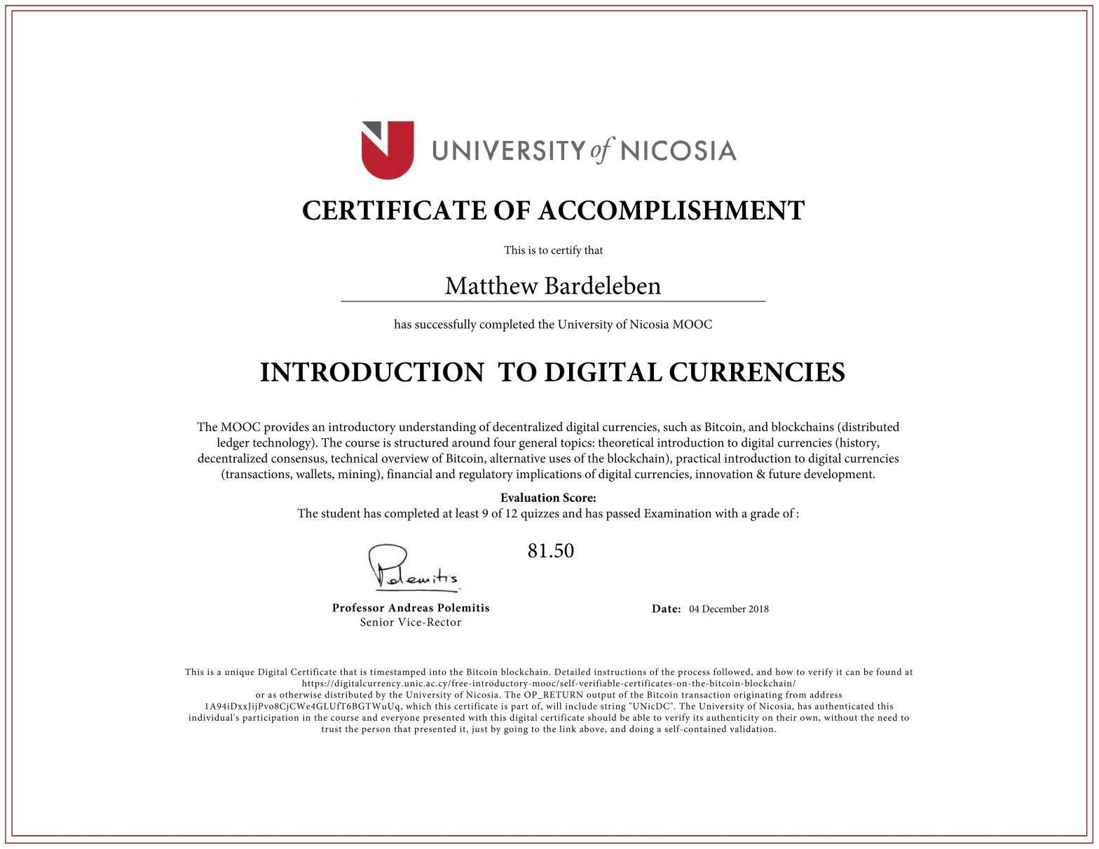 Matthew Bardeleben - UNIC Certification - Digital Currencies - Crypto - University of Nicosia - Matty Bv3